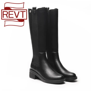 

REVT Chelsea boots for women leathr autumn winter medium thick heel long barrel stretch knight boots Martin boots plus size 43