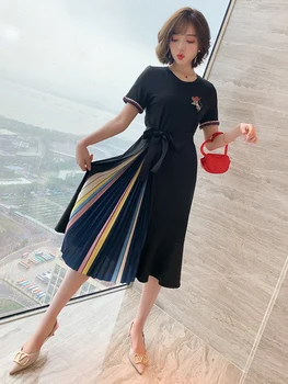 Trendy Contrast Color Braid Hemming Hot Drilling Stitching Color Pleated Skirt Swing Dress Women's Fashion Summer New Style 
Trendy Contrast Color Braid Hemming Hot Drilling Stitching Color Pleated Skirt Swing Dress Women's Fashion Summer New Style