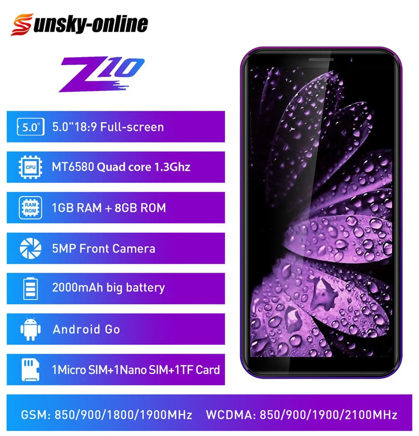 

LEAGOO Z10 Smartphone 5.0" Full Screen 1GB RAM 8GB ROM Quad Core MT6580M 3G network 5MP Camera Mobile Phone