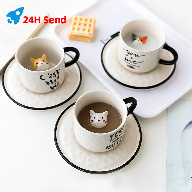 

Creative Ceramics Mug With Spoon Tray Dish Cute Cat Relief Coffee Milk Tea Handle Porcelain Cup Couple Water Cup Novelty Gifts