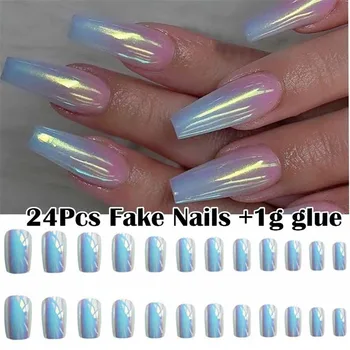 24 Pcs Adhesive Tape False Nails Pearl Mirror Holographic Shiny Acrylic Full Cover Nail Tips False Nails with Glue Sticker 
24 Pcs Adhesive Tape False Nails Pearl Mirror Holographic Shiny Acrylic Full Cover Nail Tips False Nails with Glue Sticker