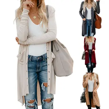 

Fashion Women Ladies Solid Snap Button Knitted Cardigans V Neck Long Sleeve Ribbed Detail Long Coat Autumn Tops Outwear