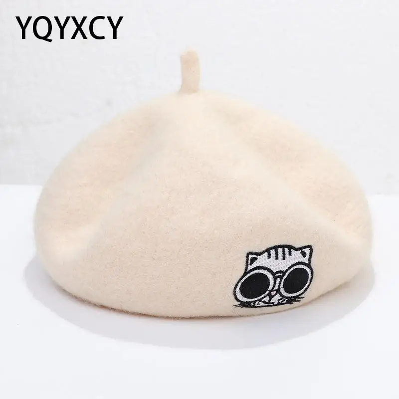 

YQYXCY Hats Women Winter Autumn Woolen Beret Cartoon Cat Embroidery Painter Cap Pumpkin Hat Female Chapeau Femme Gorro 2020 New