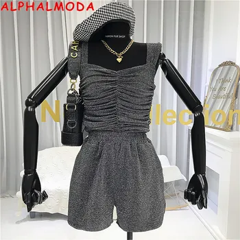 ALPHALMODA Sparkling Tank Top + Shorts Women's Fashion 2pcs Set Slim Pleated Sexy Thin Strap Shorts Summer Stylish Suit 
ALPHALMODA Sparkling Tank Top + Shorts Women's Fashion 2pcs Set Slim Pleated Sexy Thin Strap Shorts Summer Stylish Suit