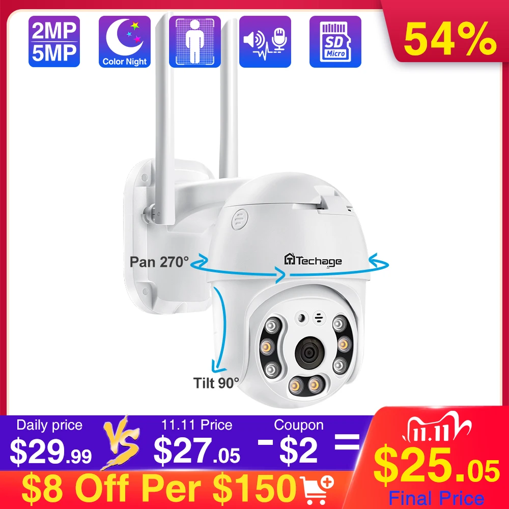 Techage 1080P 5MP Wifi IP Camera AI Human Detection Wireless Dome PTZ Camera Two-way Audio Security Camera TF Card Dual Antenna
Techage 1080P 5MP Wifi IP Camera AI Human Detection Wireless Dome PTZ Camera Two-way Audio Security Camera TF Card Dual Antenna