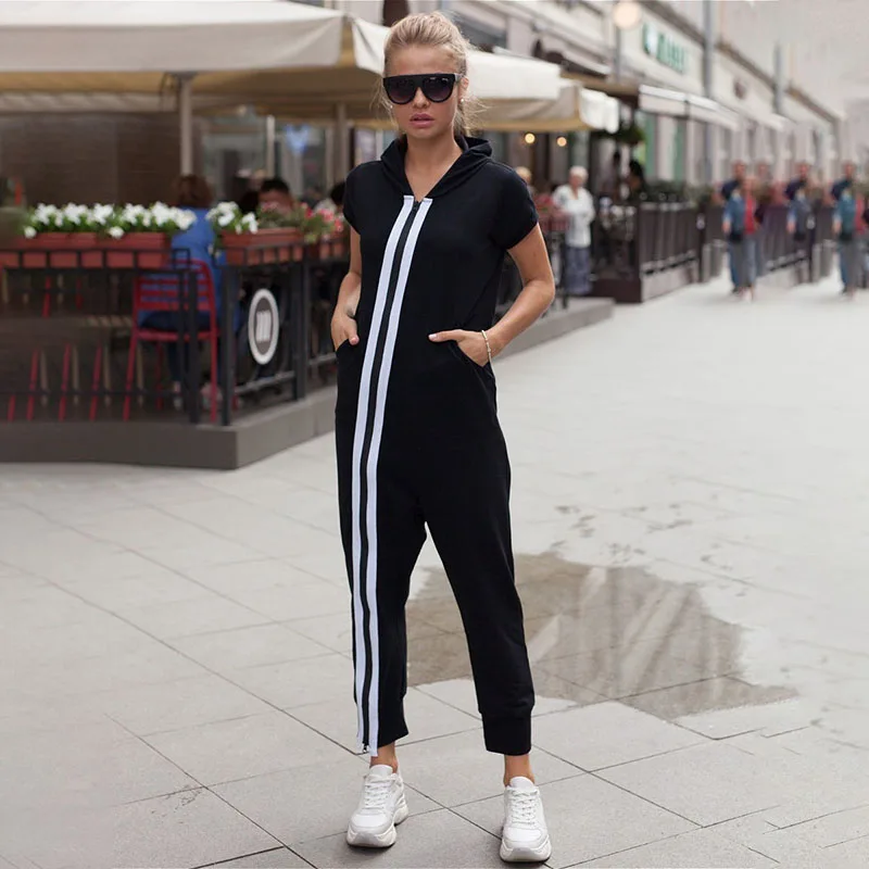 

Yeezzi 2024 New Fashion Striped Zipper Hooded Jumpsuits Women Summer Short Sleeves Casual Going Out High Street Jumpsuits