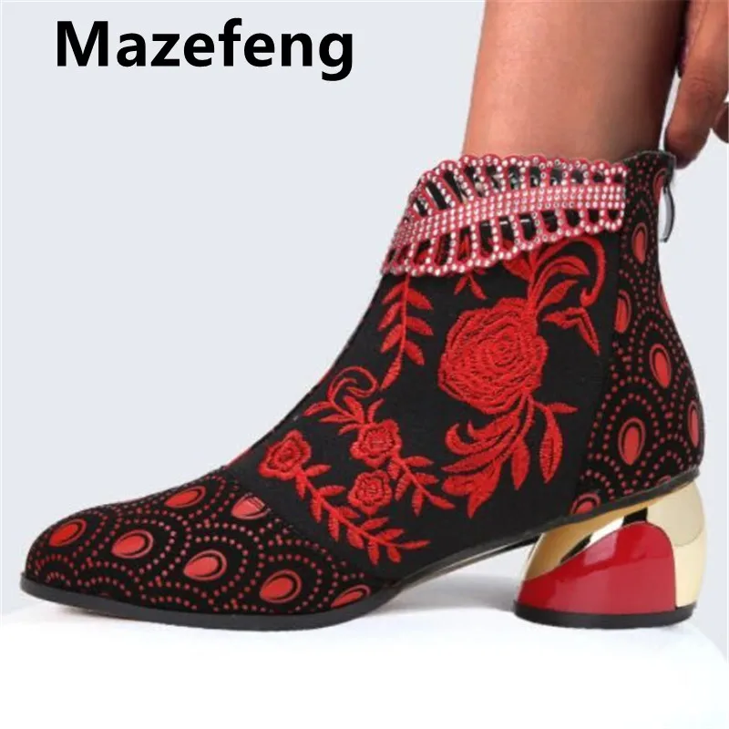

Mazefeng весенние однотонные сетчатые женские ботильоны на высоком каблуке с острым носком и перекрестными линиями украшения женские ботинки Grace женские вентилируемые ботинки красный/черный