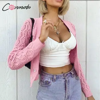 

Conmoto autumn winter 2019 hollow out women knitted cardigan solid pink ladies sweater cardigan button cardigans knitwear