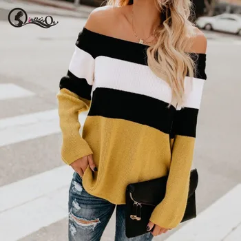 Women Autumn Sweater Loose Off Shoulder Sexy Casual Color-blocked Pullovers Long Sleeve Fashion Sweater Pullover 
Women Autumn Sweater Loose Off Shoulder Sexy Casual Color-blocked Pullovers Long Sleeve Fashion Sweater Pullover
