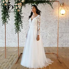 SoDigne Vintage Long Sleeves Wedding Dresses V Neck Lace Appliques Backless Bridal Dress Modern Beach Wedding Gown
SoDigne Vintage Long Sleeves Wedding Dresses V Neck Lace Appliques Backless Bridal Dress Modern Beach Wedding Gown