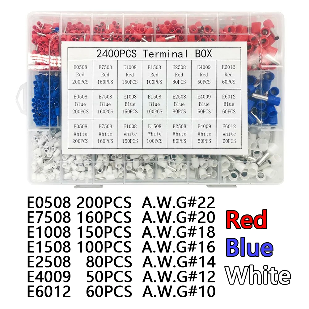 Tubular Terminal Various Styles Box-packed Electrical Tube Ferrule Terminal Insulated Wire Connector Crimping 2400pcs Kit Set
Tubular Terminal Various Styles Box-packed Electrical Tube Ferrule Terminal Insulated Wire Connector Crimping 2400pcs Kit Set