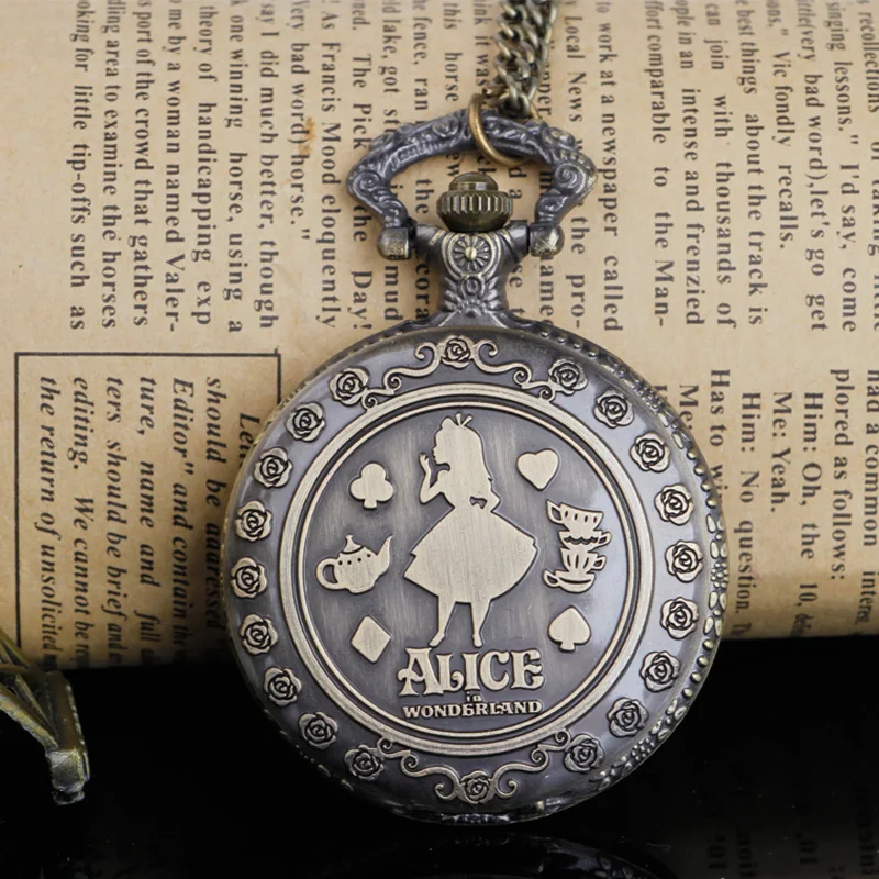 Карманные часы с гравировкой в стиле ретро Алиса бронзовые винтажные кварцевые