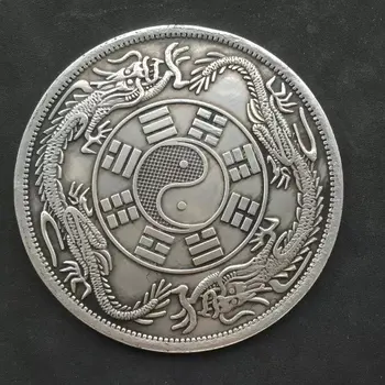 

8,8 cm Tíbet plata china y comercio exterior dragones conmemorativos, estatua de chismes moneda grande decoración del hogar
