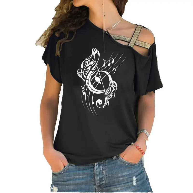 

Fashion Music Musical Note Silhouette Print Woment shirt Summer Cotton Woman Irregular Skew Cross Tops