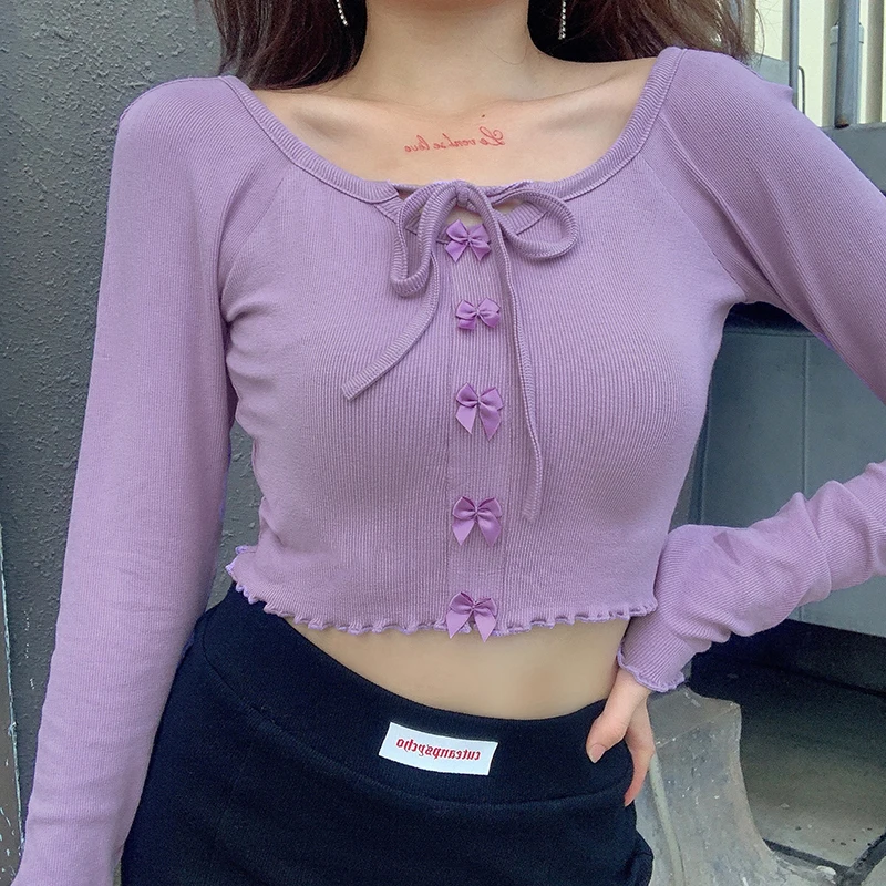 Darlingaga Crew Neck Bow Lace Up Woman T-shirts Purple Solid Slim Long Sleeve Autumn T shirt Casual Crop Tops Tee Shirts Korean