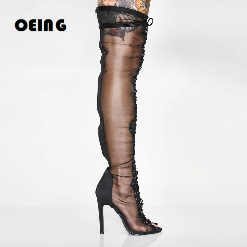Summer Women Lace Up Gladiator Boots Stiletto High Heels Sexy Black Mesh Thigh High Boots Open Toe Cross Strap Over Knee Boots
Summer Women Lace Up Gladiator Boots Stiletto High Heels Sexy Black Mesh Thigh High Boots Open Toe Cross Strap Over Knee Boots