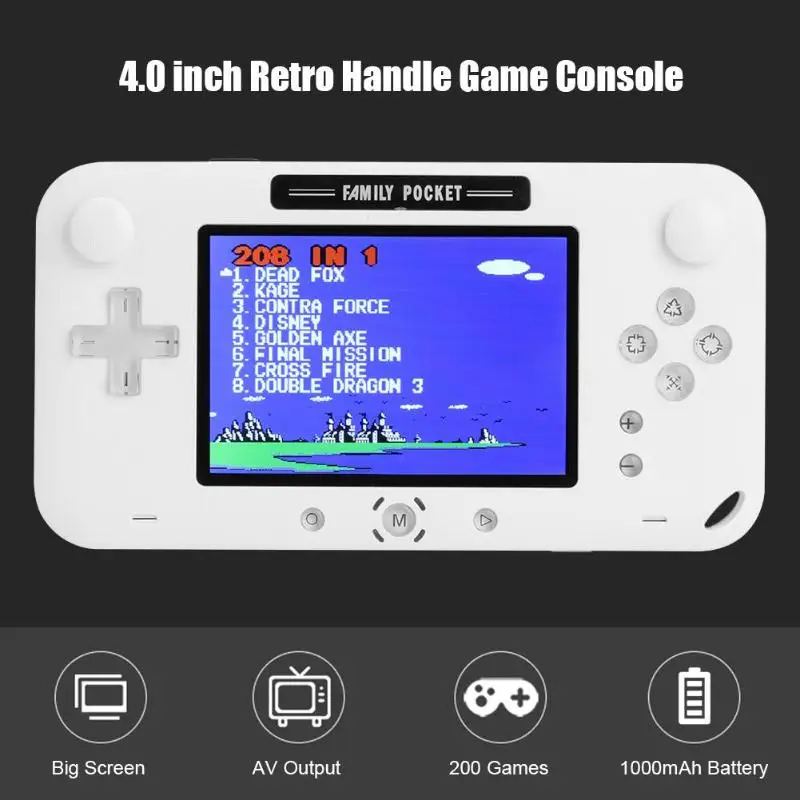 Retro Video Game Console 4.0 Inch LCD Screen 1000 mA Lithium Battery Handheld Gaming Player Built-in 200 Classic FC Games
Retro Video Game Console 4.0 Inch LCD Screen 1000 mA Lithium Battery Handheld Gaming Player Built-in 200 Classic FC Games