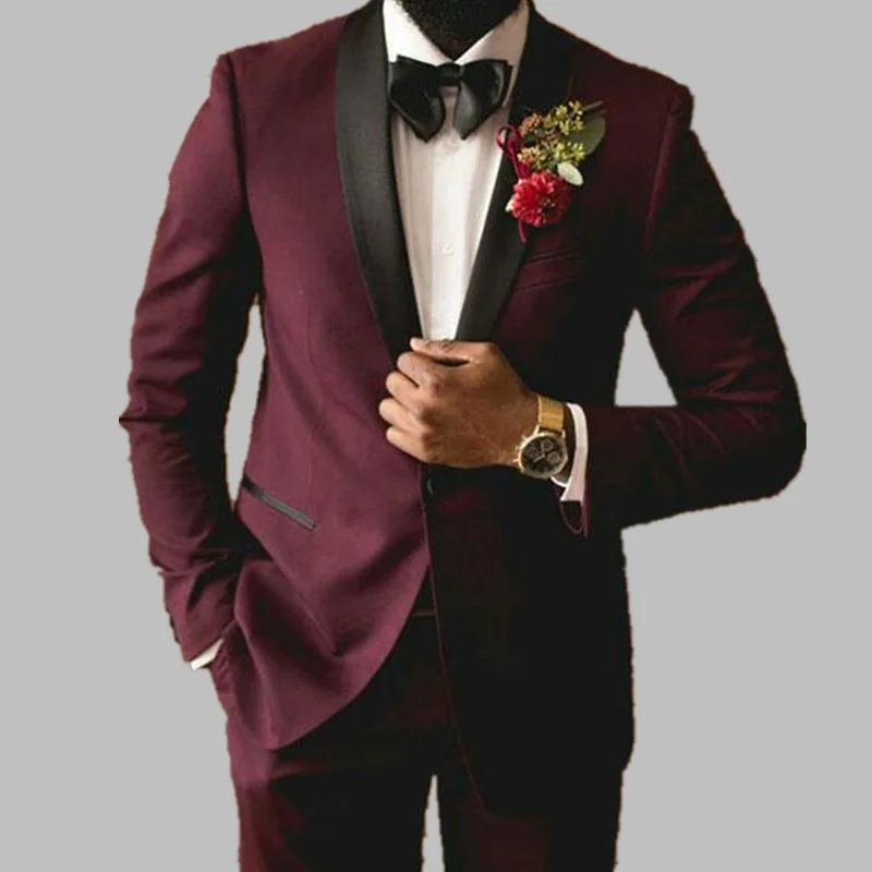 

Formal 2pcs Burgundy Men's Suit Wedding Terno Masculino Man Blazer Costume Party Groom Tuxedo Black Shawl Lapel Plus Size Attire
