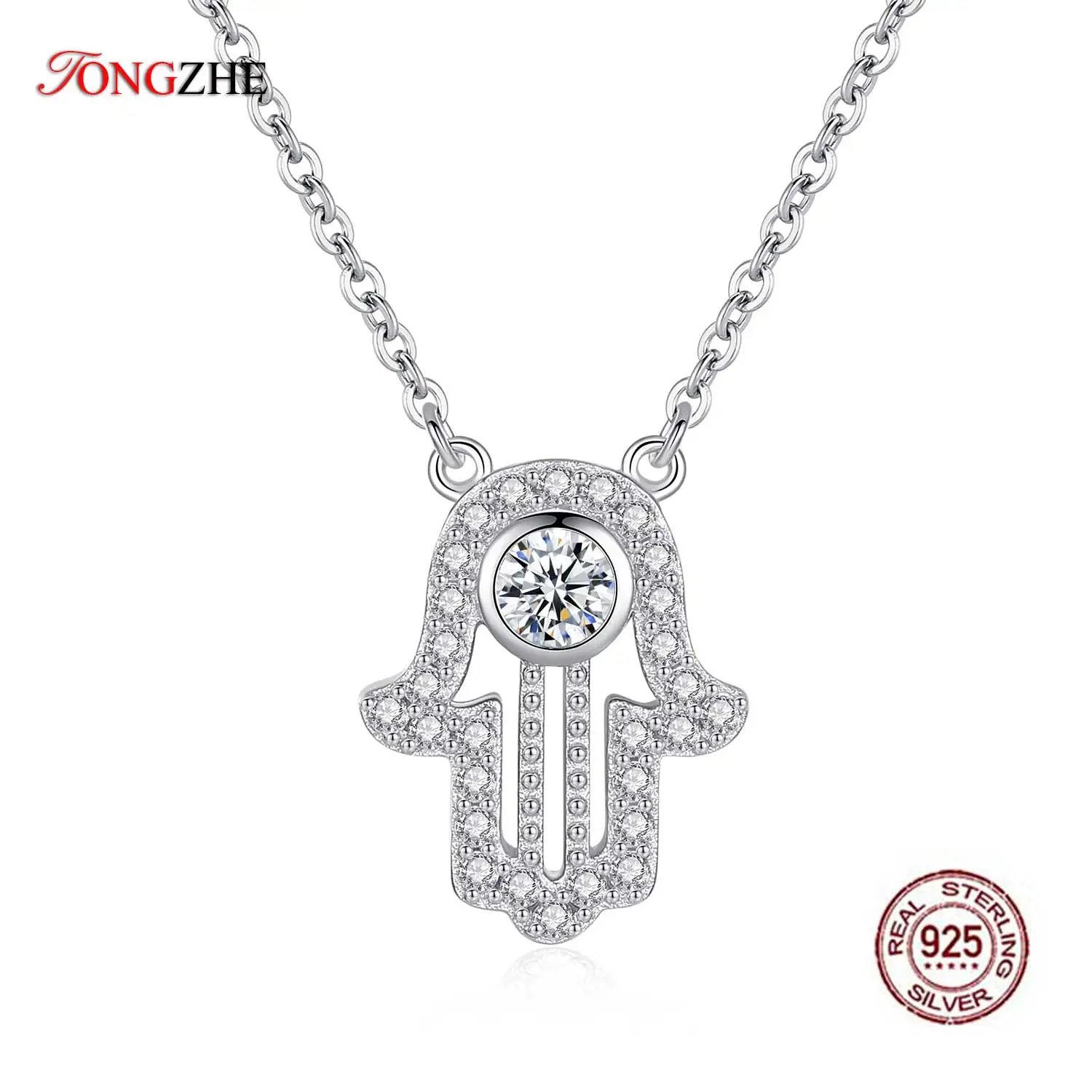 

TONGZHE 925 sterling Silver Hand Hamsa Necklace Women Lucky Fatima Link Chain Long Initial Necklace Turkey Jewelry 2019 Choker