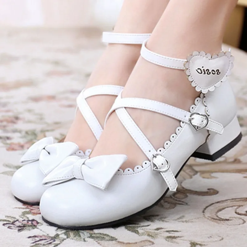 

Japanese Lolita cute heart student sweet jk soft sister bow round toe shoes Bowknot Princess Kawaii Girl Women Shoes Vintage