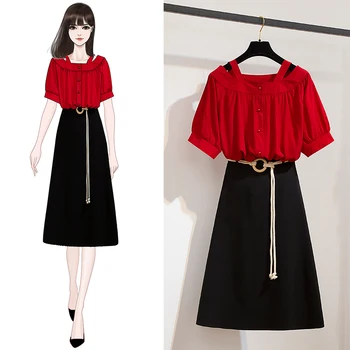 Summer Vintage Cute Women's Suits Dress Chiffon Short Sleeve Blouse Black Midi Skirt Two Piece Casual Clothing Sets
Summer Vintage Cute Women's Suits Dress Chiffon Short Sleeve Blouse Black Midi Skirt Two Piece Casual Clothing Sets
