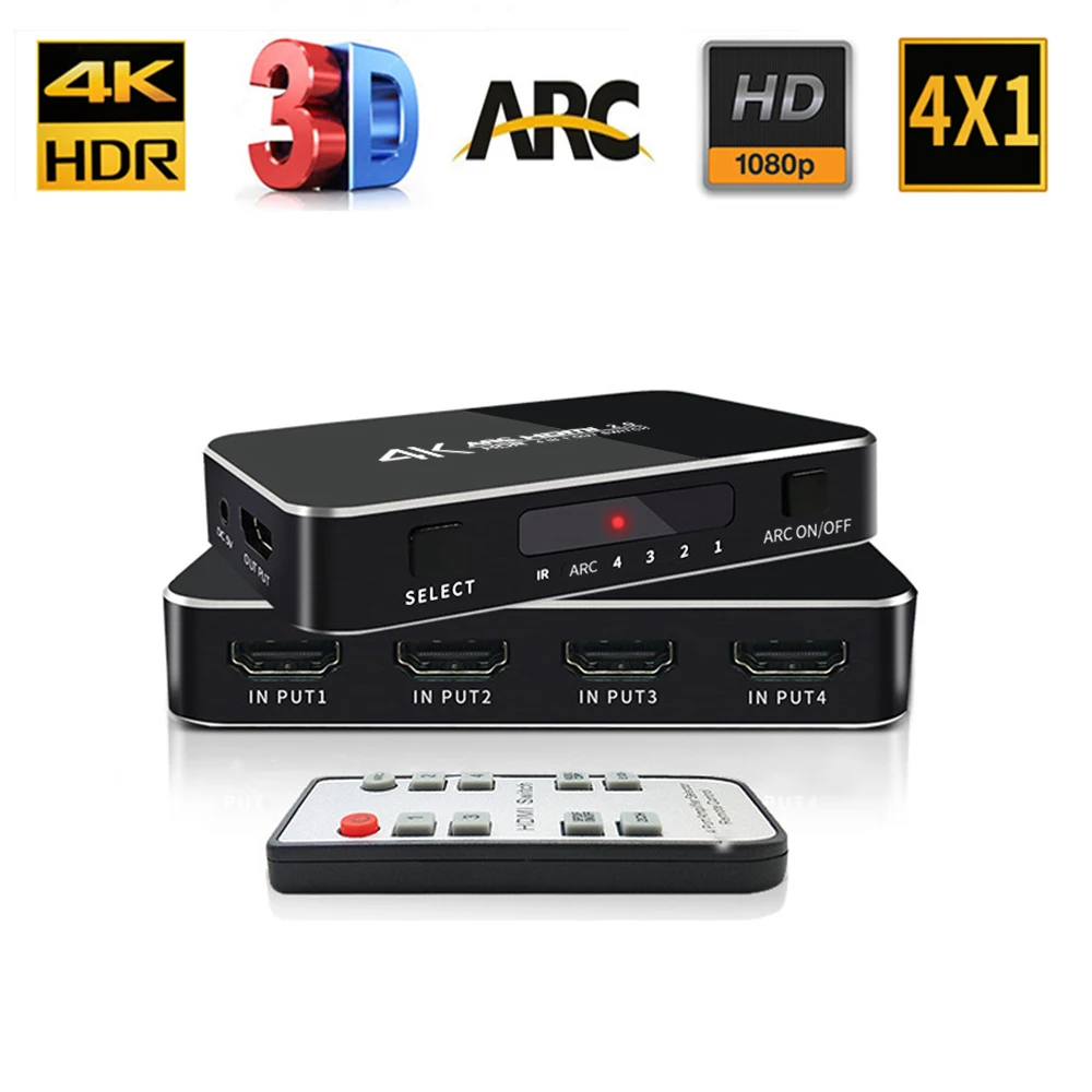 4K HDMI Splitter HDCP 60 HZ HDMI 4X1 HDMI Adapter Switcher With Audio Extractor 3.5 Jack Optical Fiber Cable