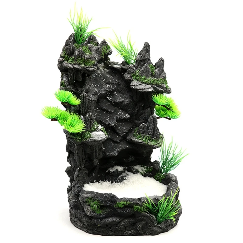 

17x16x26cm Aquarium Mountain View Stone Ornament Rock Waterfall with White Sand Landscape Fish Tanks Resin Decor Pump Required