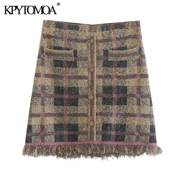 

KPYTOMOA Women 2020 Chic Fashion Frayed Check Knitted Mini Skirt Vintage A Line Gem Button Appliques Female Skirt Faldas Mujer