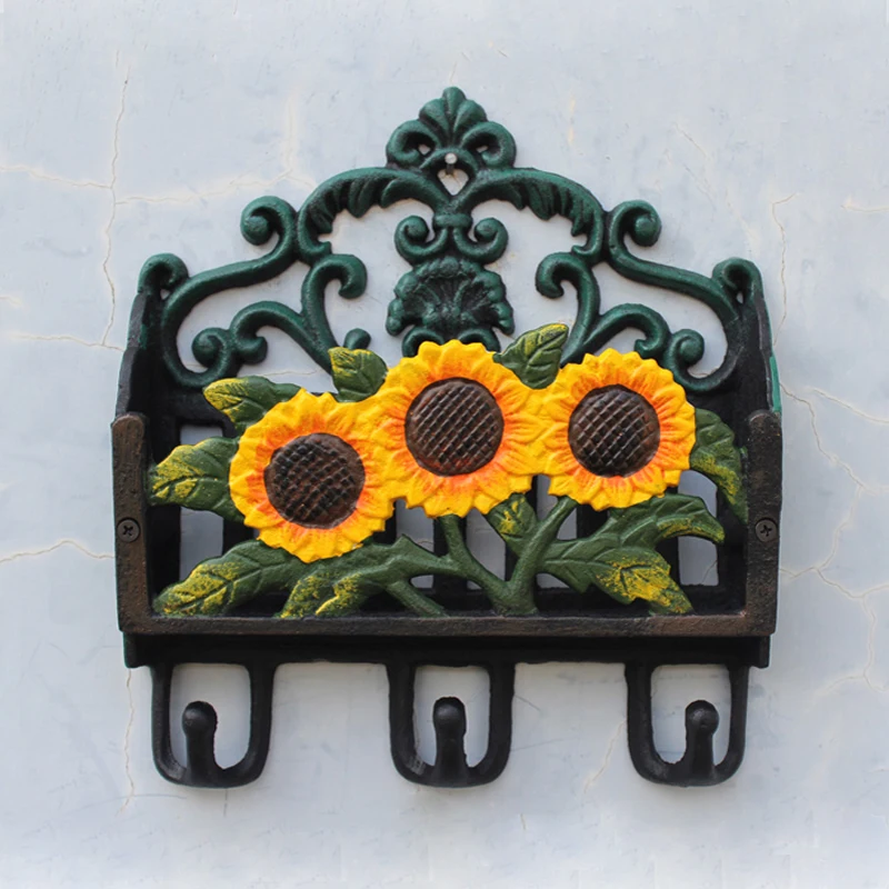 

Hand Paint Sunflower Cast Iron Wall Mail Rack With Three Hooks Farm House Green Yellow Wall Decor Magazine Letter Storage Holder