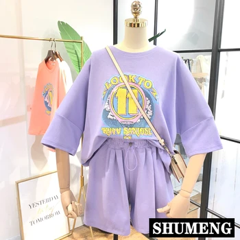 Summer T-shirt Shorts Set Female 2020 New Loose Short Sleeved Printed Street Cotton T-shirt + Simple Wide Leg Shorts Two-piece 
Summer T-shirt Shorts Set Female 2020 New Loose Short Sleeved Printed Street Cotton T-shirt + Simple Wide Leg Shorts Two-piece