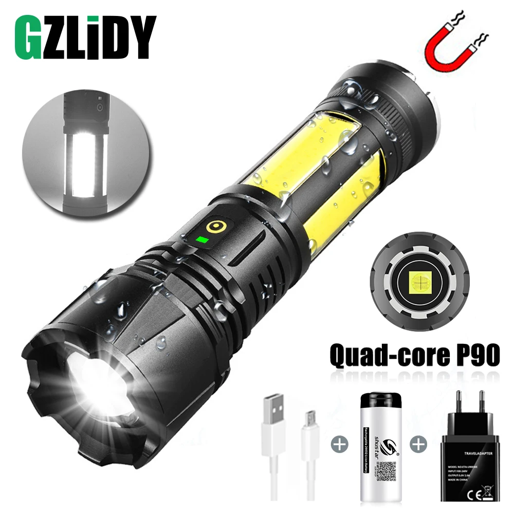 Powerful P90 LED Flashlight Waterproof COB Tactical Torch USB Rechargeable Camping Lantern with Tail Magnet Zoomable 26650 Light
Powerful P90 LED Flashlight Waterproof COB Tactical Torch USB Rechargeable Camping Lantern with Tail Magnet Zoomable 26650 Light