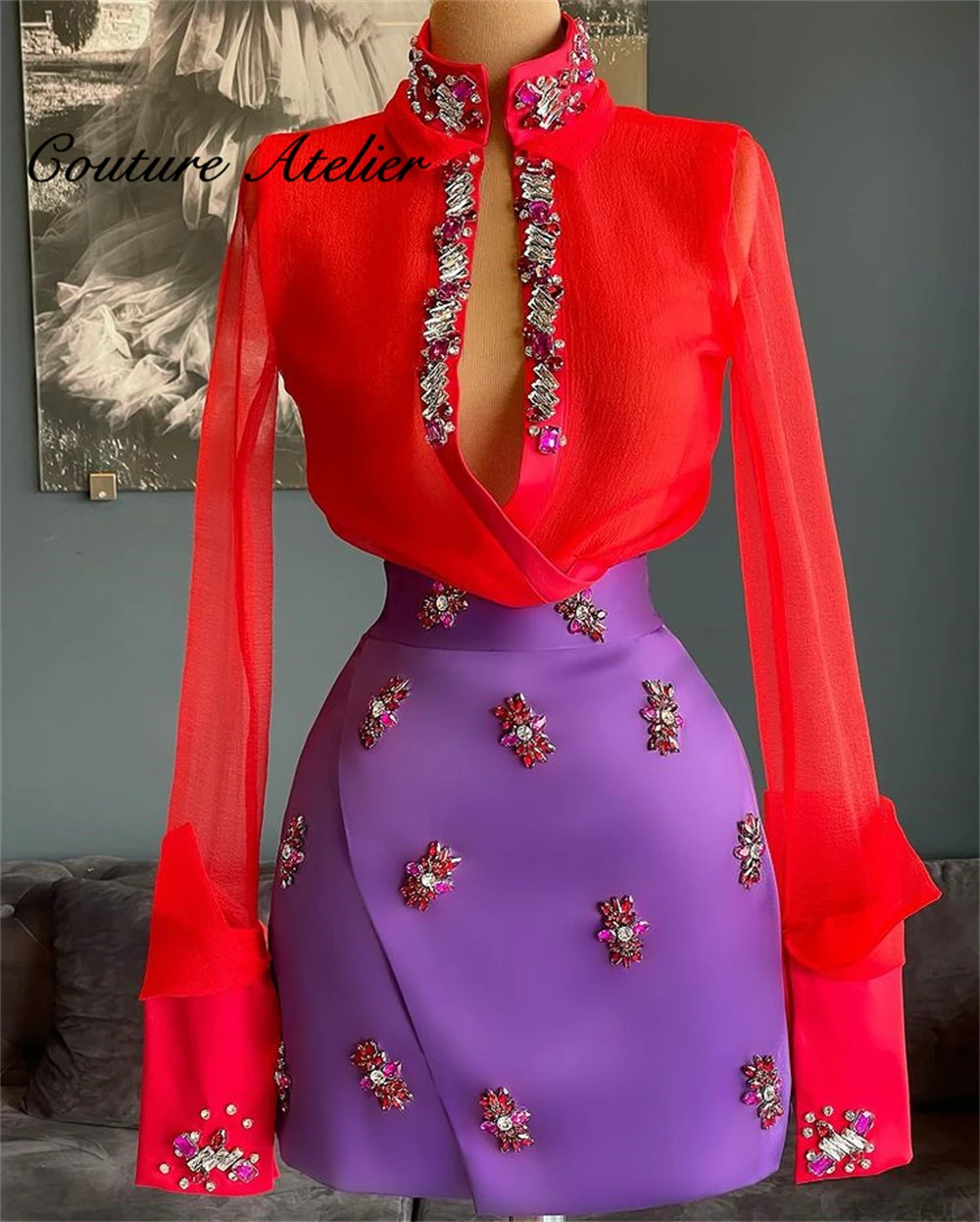 

Red And Purple Mermaid Prom Dresses Two Pieces Homecoming Dress Beaded Crystals Long Sleeve Party Gown Mini Cocktail Gowns robe