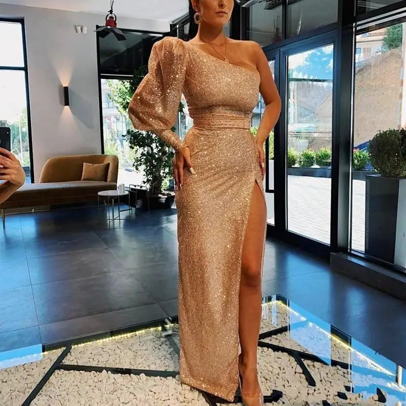 Sequined Evening Dresses With Long Sleeve Thigh Slit Evening Gowns robe de soiree Women Cocktail Party Gowns abendkleider