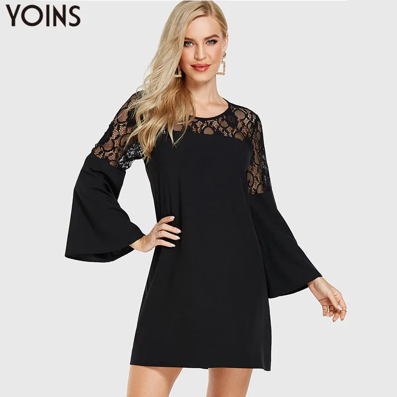 

YOINS Hollow Out Black Dress Sexy Women Mini Dress Semi-sheer Round Neck Bell Sleeve Lace Dresses Elegant Office Chic Vestidos