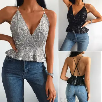 Sexy Evening Party Women Sequins Sparkle Sleeveless Halter Backless zipper Crop Top Deep V neck Vest Tank Tops Short T-Shirt 
Sexy Evening Party Women Sequins Sparkle Sleeveless Halter Backless zipper Crop Top Deep V neck Vest Tank Tops Short T-Shirt