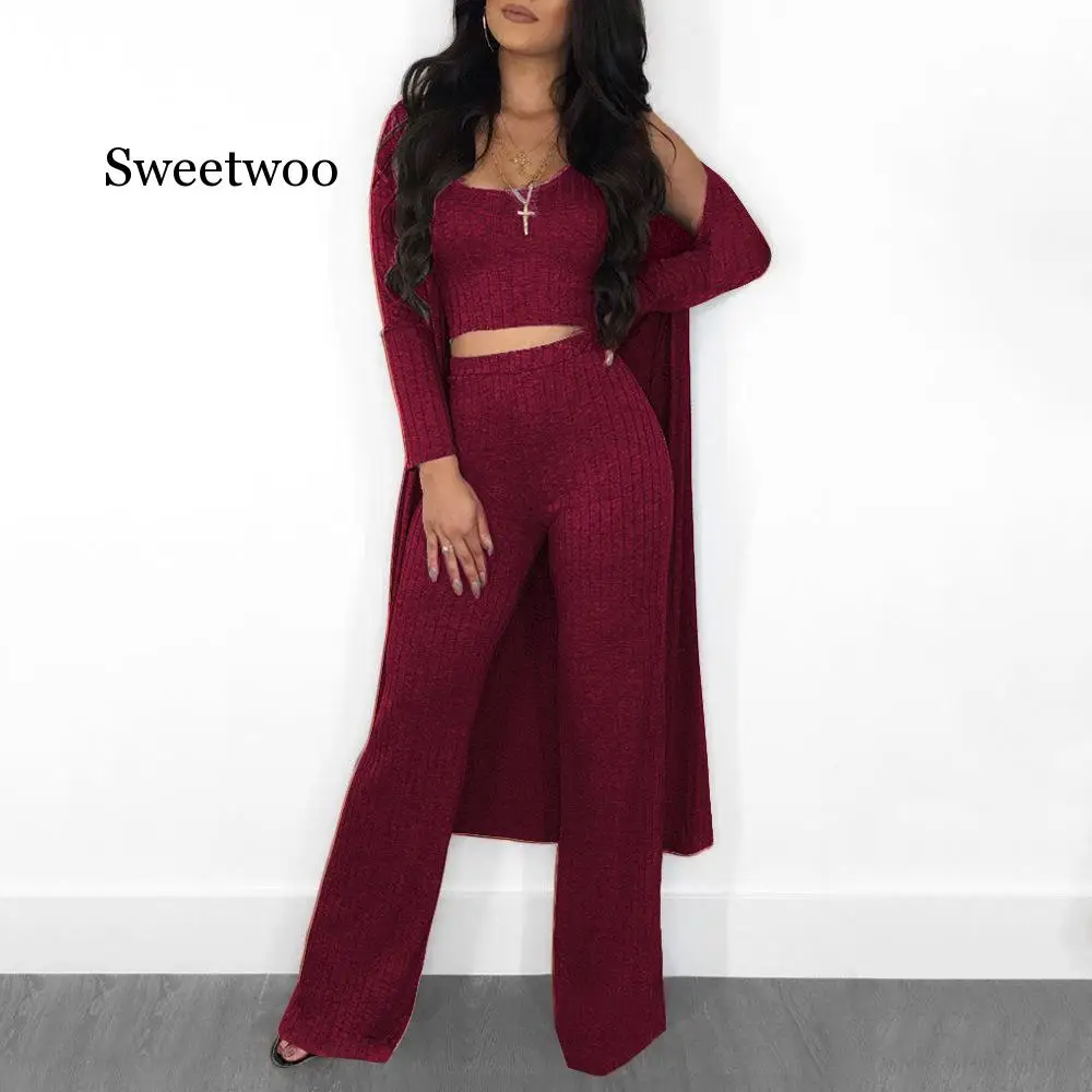 

New Autumn Knitting Two Piece Set Wide Leg Pants Women Fashion Tops And Wrapped Chest Elegant Loose Tracksuit