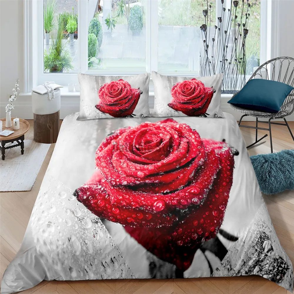 

Red Rose Flower Bedding Set Romantic 3d Marbling Duvet Cover Linen Comforter for Kids Adults Twin Queen King Size Room Decor
