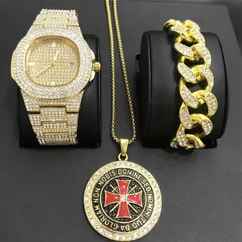 Luxury Men Gold Watch Hip Hop Men Watch + Necklace +Braclete Combo Ice Out Cuban Crystal Miami Necklace Chain Hip Hop For Men
Luxury Men Gold Watch Hip Hop Men Watch + Necklace +Braclete Combo Ice Out Cuban Crystal Miami Necklace Chain Hip Hop For Men