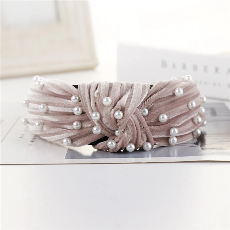 Bohemian Pearl Velvet Braided Headband For Women Rhinestone Knot Hairband Turban Handmade Padded Crown Accessories 1111