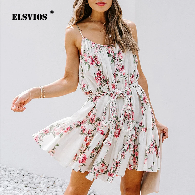 

Women Fashion Dress New Sexy Floral Printed Summer Short Skirt Belt Mini Dress Lady Spaghetti Strap Spring 2021 Dresses Vestidos