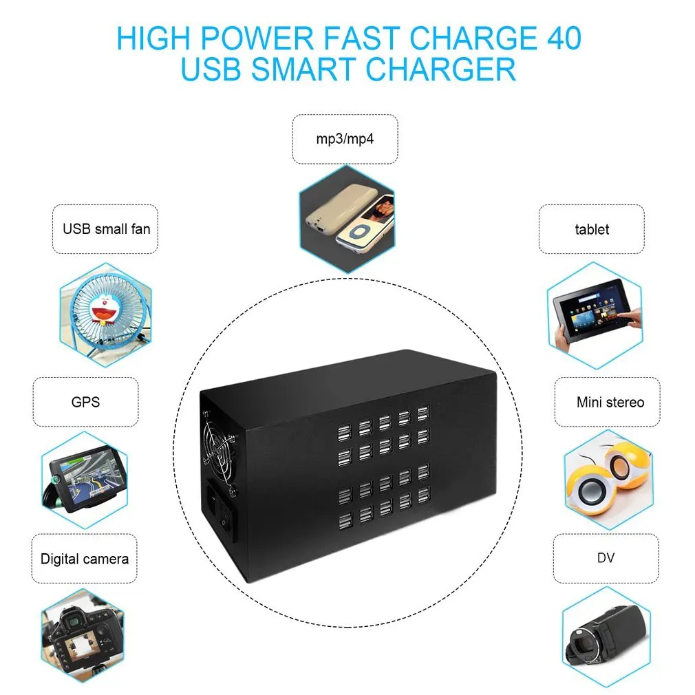 40 Ports USB 300W Charger 5V 60A Smart Charging Station Built-in Cooling Fan Fast Charging For Tablets Laptop Phone
40 Ports USB 300W Charger 5V 60A Smart Charging Station Built-in Cooling Fan Fast Charging For Tablets Laptop Phone