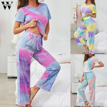 Womail Tie-dye Pajamas Women's Short-sleeved Cropped Trousers Pajamas Set Gradient Color Casual Loose Style Home Clothes 2020
Womail Tie-dye Pajamas Women's Short-sleeved Cropped Trousers Pajamas Set Gradient Color Casual Loose Style Home Clothes 2020