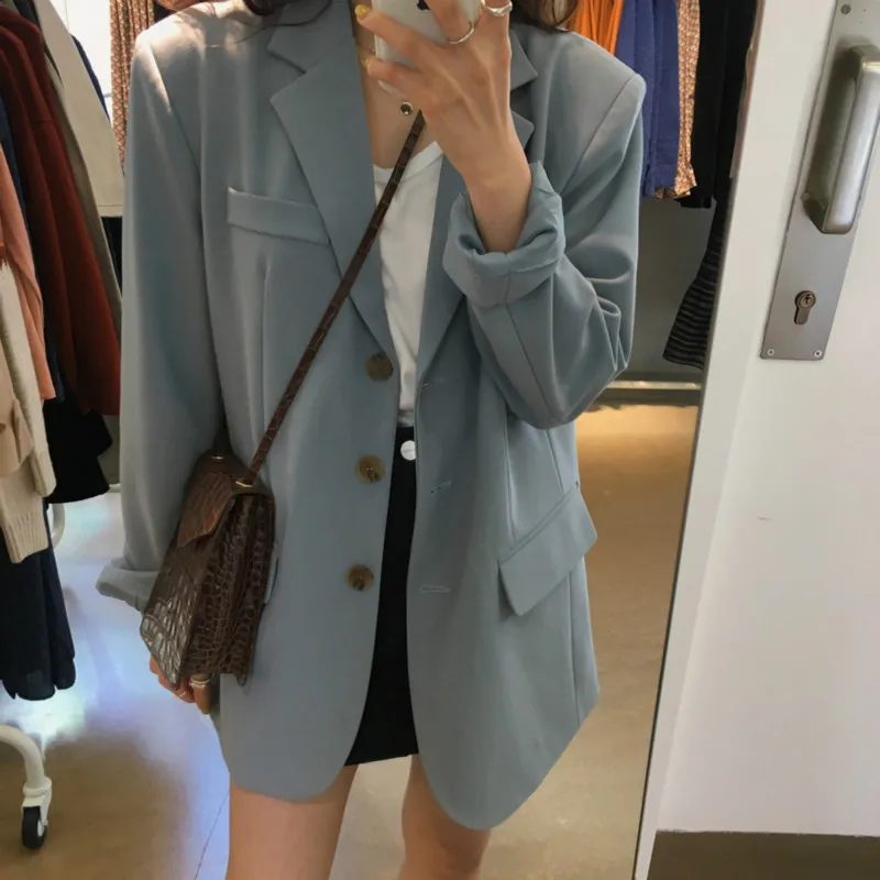 

Women Autumn Long Blazers Jackets Female Single Breasted Blue Coat Blaser Feminino Plus Size Chaqueta Mujer Casual Veste Femme