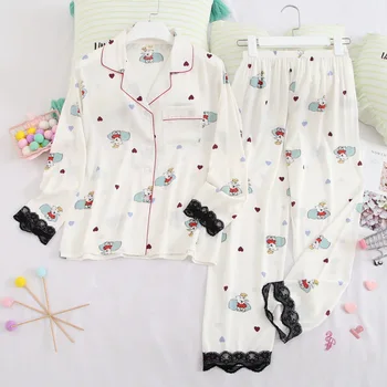 Cute Sweet Ice Silk Cool Pajamas Set Lace Stitching Comfortable Cardigan Lapel Trousers Long-sleeved Night Wear Summer Pajamas
Cute Sweet Ice Silk Cool Pajamas Set Lace Stitching Comfortable Cardigan Lapel Trousers Long-sleeved Night Wear Summer Pajamas