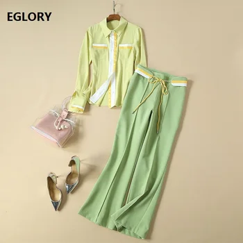 High Quality Women's Set Clothes 2019 Autumn Elegant Work Suit Ladies Striped Color Block Light Yellow Shirt+Belted Green Pants
High Quality Women's Set Clothes 2019 Autumn Elegant Work Suit Ladies Striped Color Block Light Yellow Shirt+Belted Green Pants