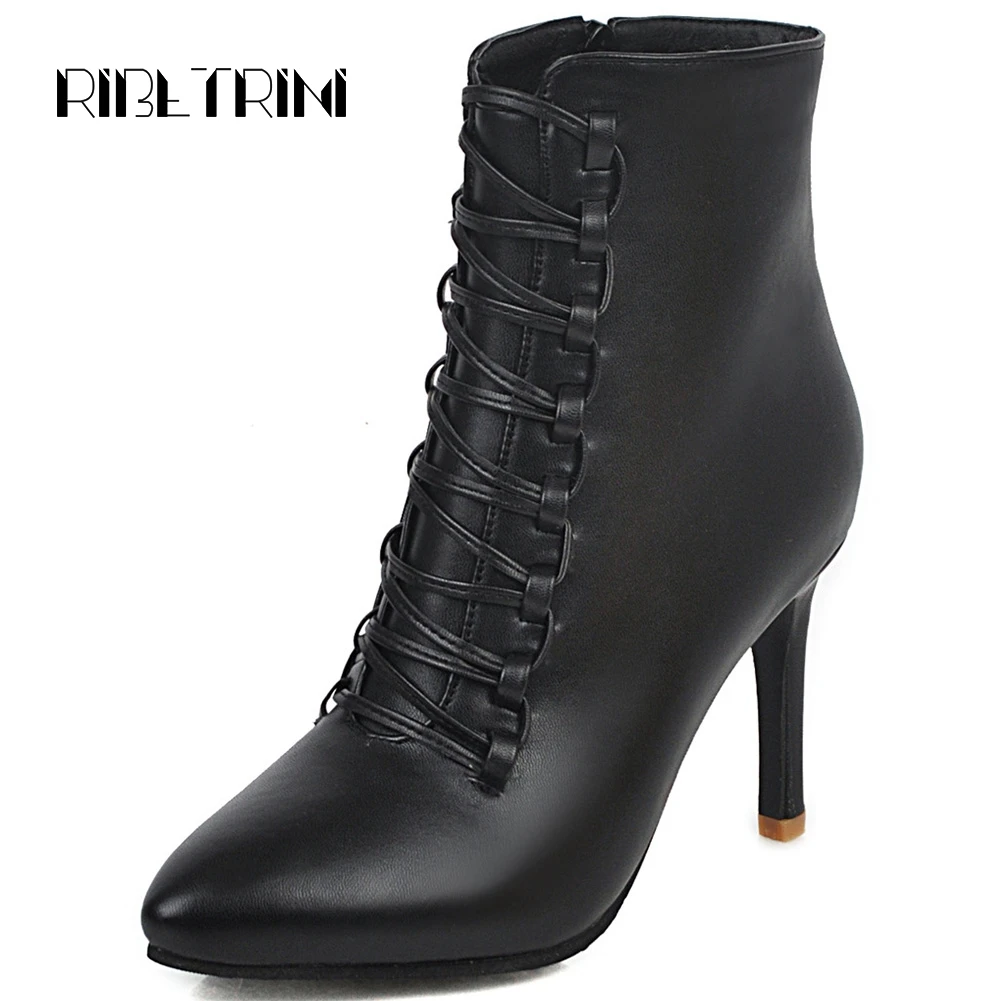 RIBETRINI New Elegant Ladies Solid Pointed Toe Boots Special lace-up Ankle Boots Women High Thin Heels Shoes Woman
RIBETRINI New Elegant Ladies Solid Pointed Toe Boots Special lace-up Ankle Boots Women High Thin Heels Shoes Woman