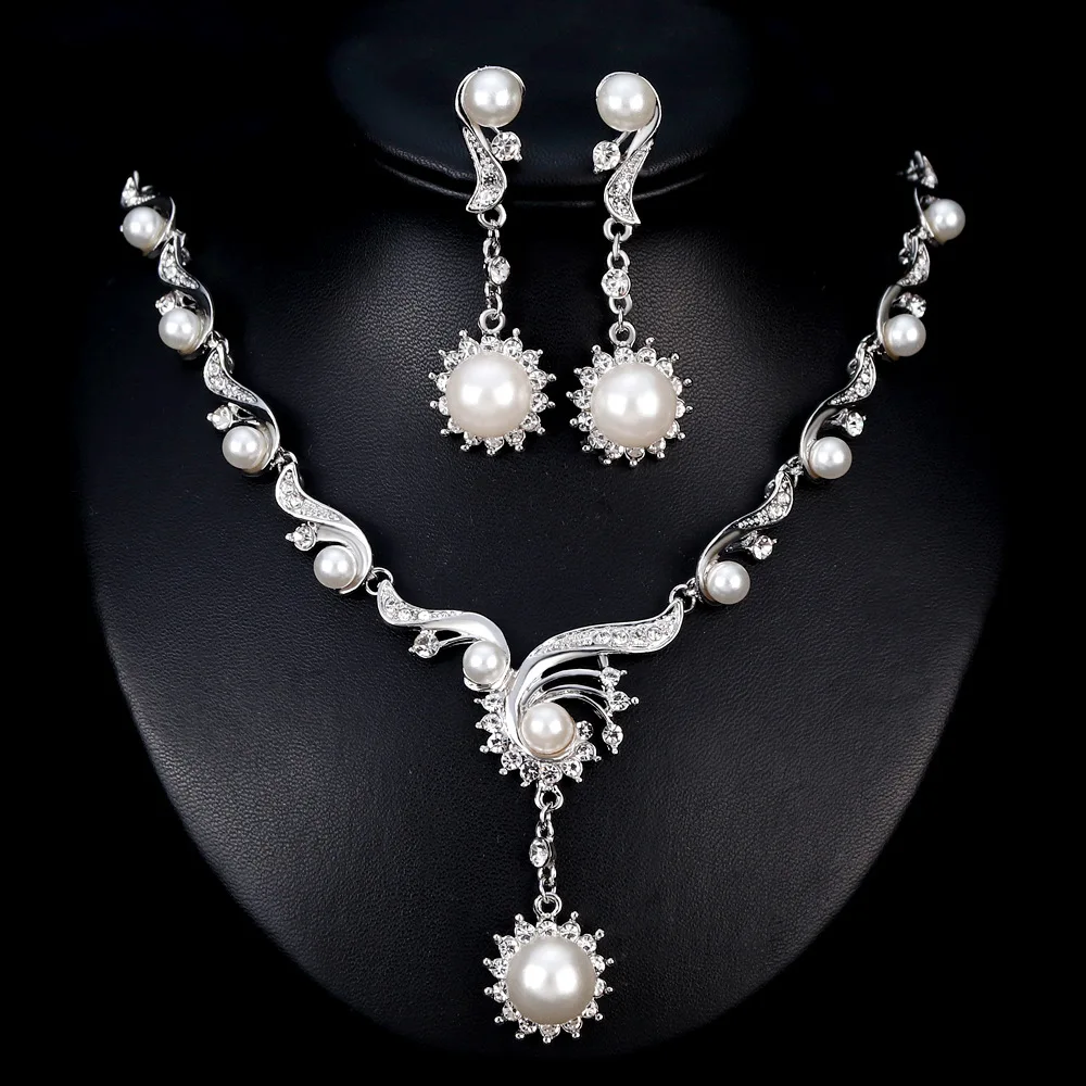 bridal wedding faux pearls rhinestone necklace earrings jewelry
