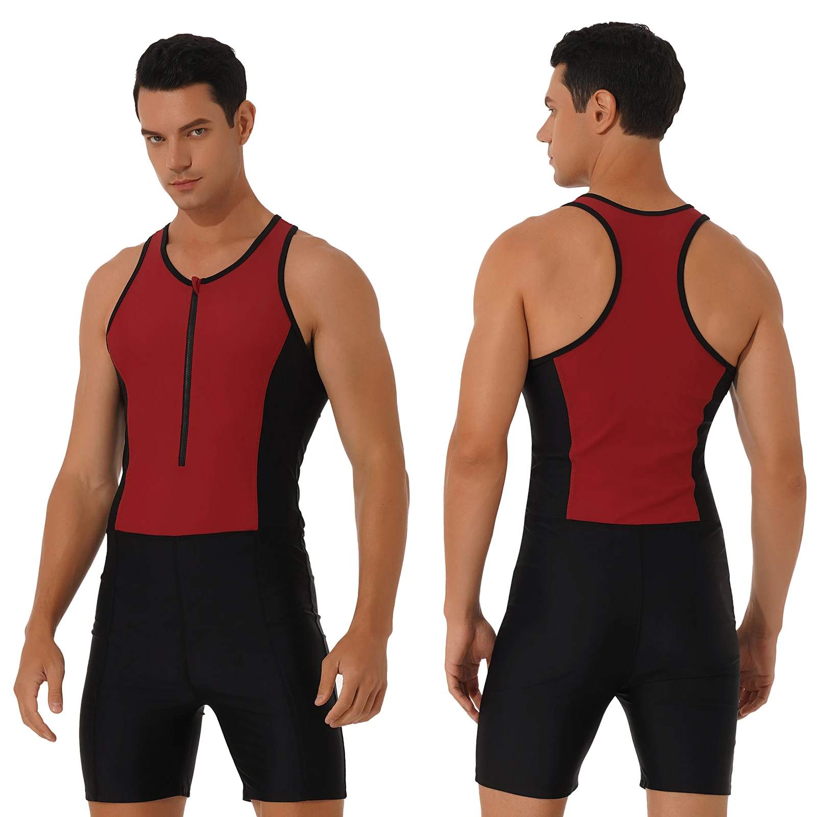 

Men Swim Jumpsuits Sleeveless Swimsuit Triathlon Wetsuit Bodysuit Front Zipper Racer Back Shorts Jumpsuit Swimming Bathing Suit