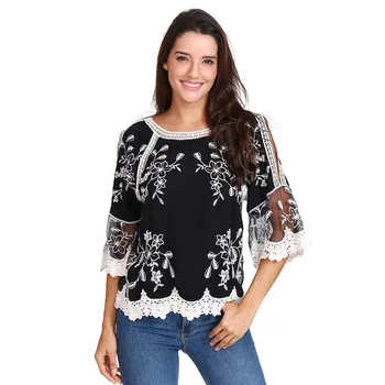 Bohemian Style Ladies Blouses Womens Girls Fashion Floral Embroidery Shirt Half Sleeve Lace Hollow Blouse Tops Blusas Femininas 
Bohemian Style Ladies Blouses Womens Girls Fashion Floral Embroidery Shirt Half Sleeve Lace Hollow Blouse Tops Blusas Femininas