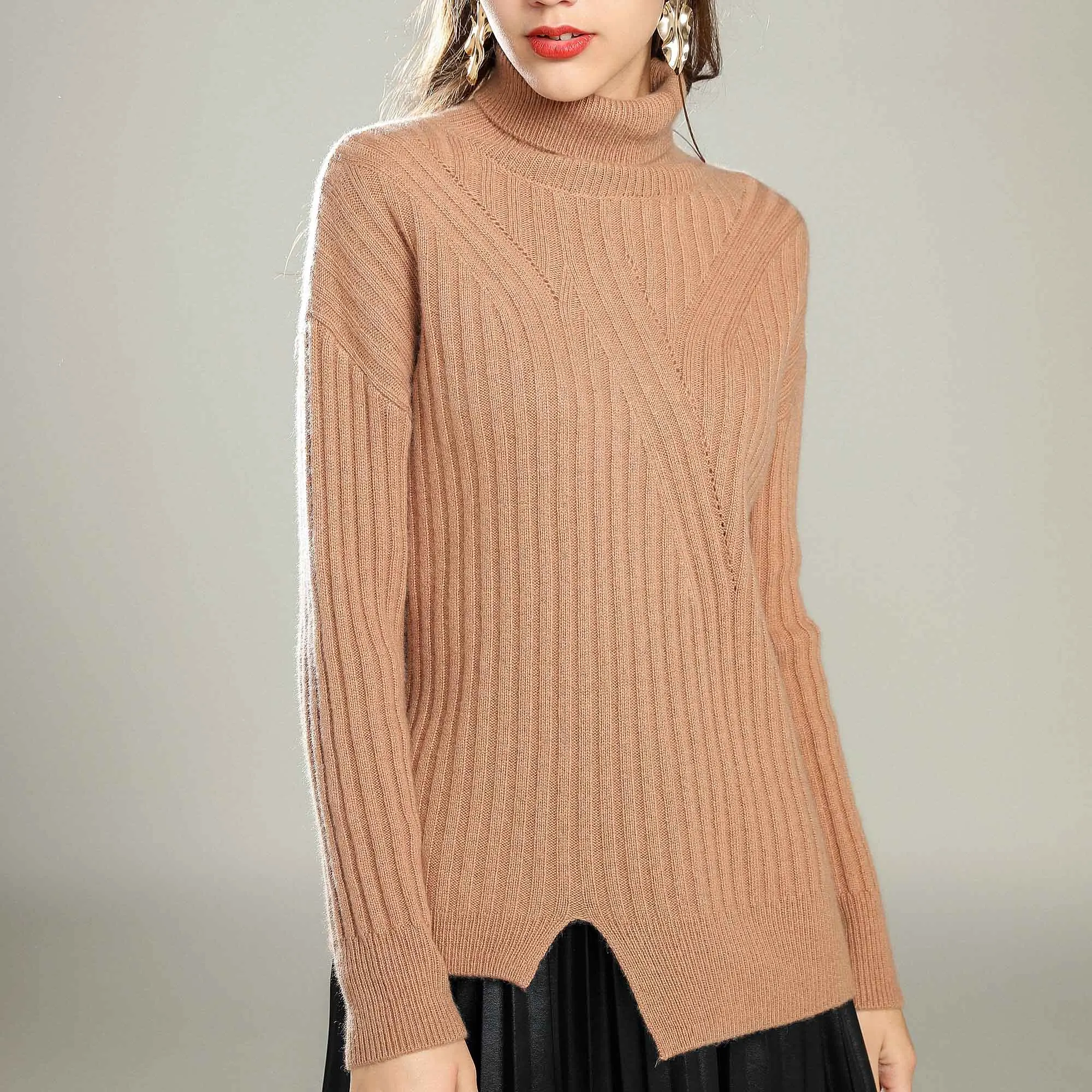 Фото Женский Тонкий кашемировый свитер асимметричный Асимметричный с высоким